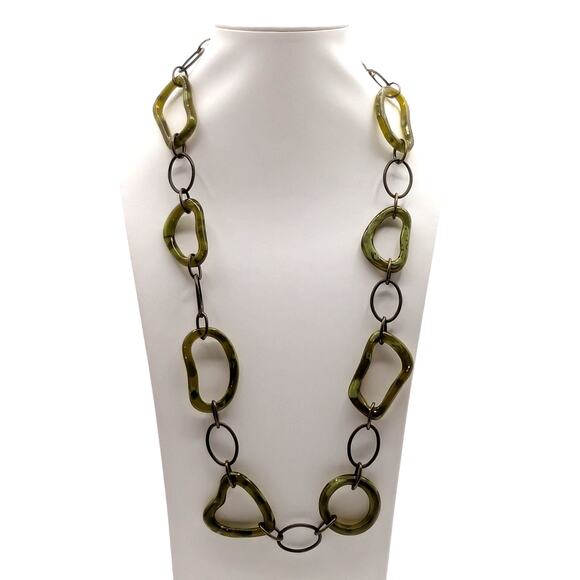 Variegated Camo Green Lucite Multi Shape Antique Bronze Link Chain 26" Necklace - Picture 1 of 9